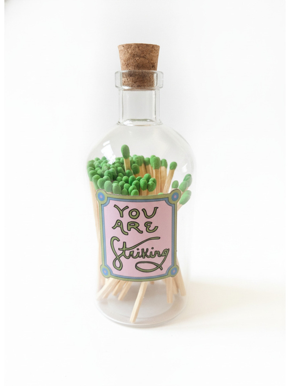 New Decorative Glass Bottle with Green Tipped Matches and Cork Stopper